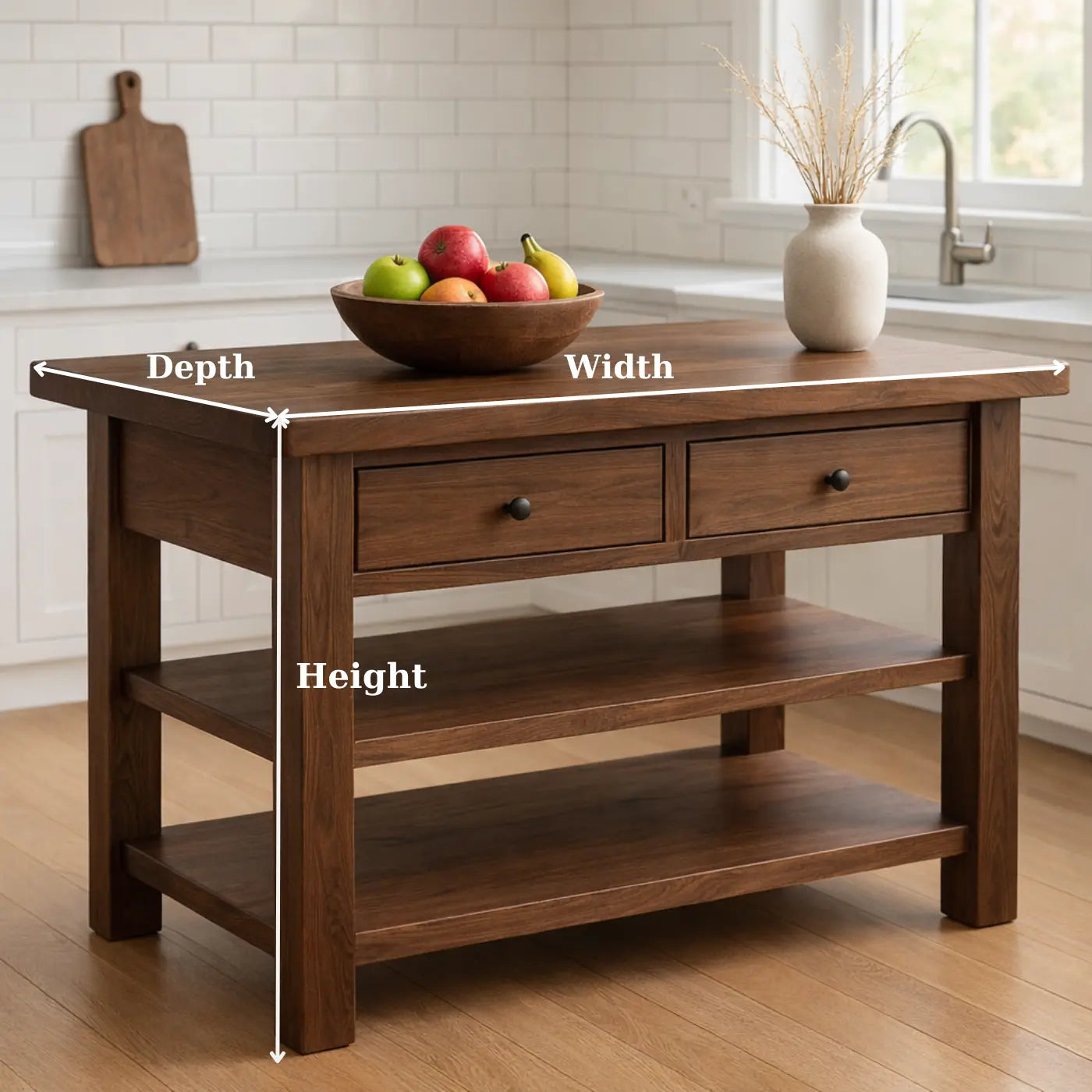 Solid Walnut Kitchen Island Table with Drawers and Shelves, Wooden Kitchen Prep Station Kitchnce