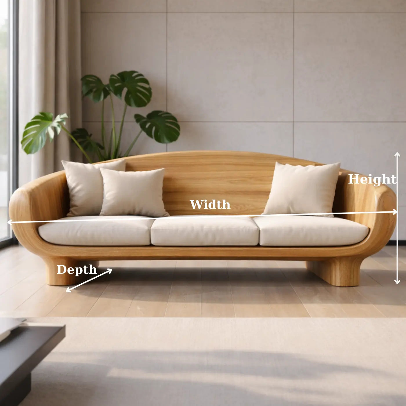 Modern Solid Oak Sofa with Curved Wooden Frame Minimalist Scandinavian Living Room Couch Kitchnce