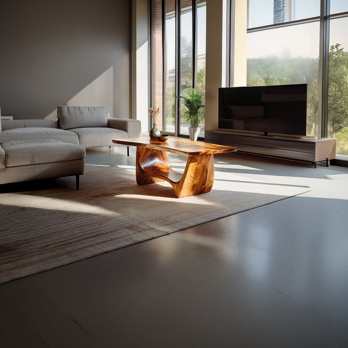 Sculptural Solid Wood Coffee Table with Flow Carved Base
