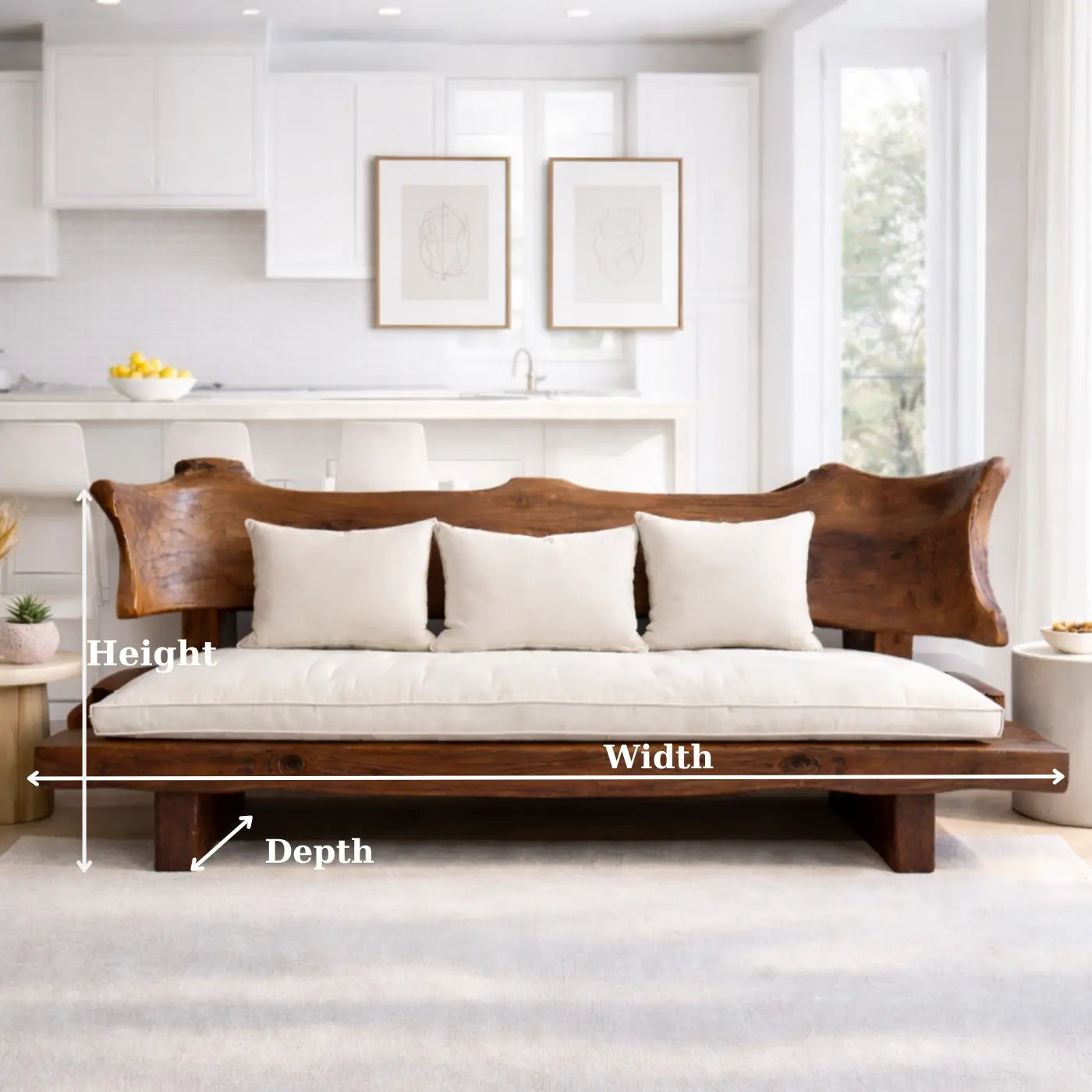 Live Edge Solid Wood Sofa Rustic Natural Wood Couch Handmade Organic Living Room Sofa Kitchnce