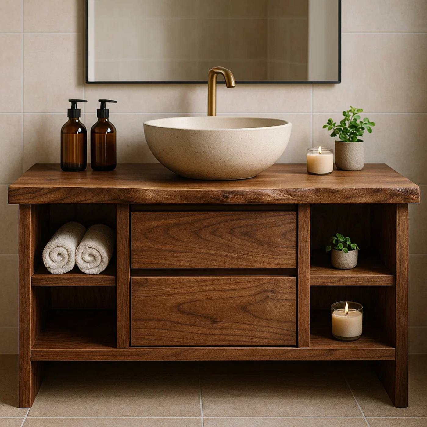 Handcrafted Solid Wood Single Vanity - Rustic Walnut Live Edge Bathroom Console Kitchnce