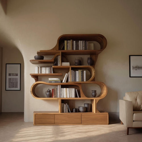 Modern Sculptural Bookshelf With Curved Design For Living Room Or Office Kitchnce
