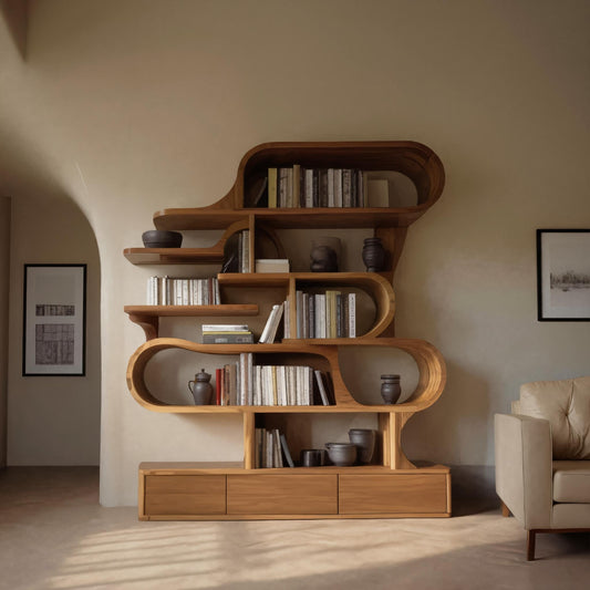 Modern Sculptural Bookshelf With Curved Design For Living Room Or Office Kitchnce