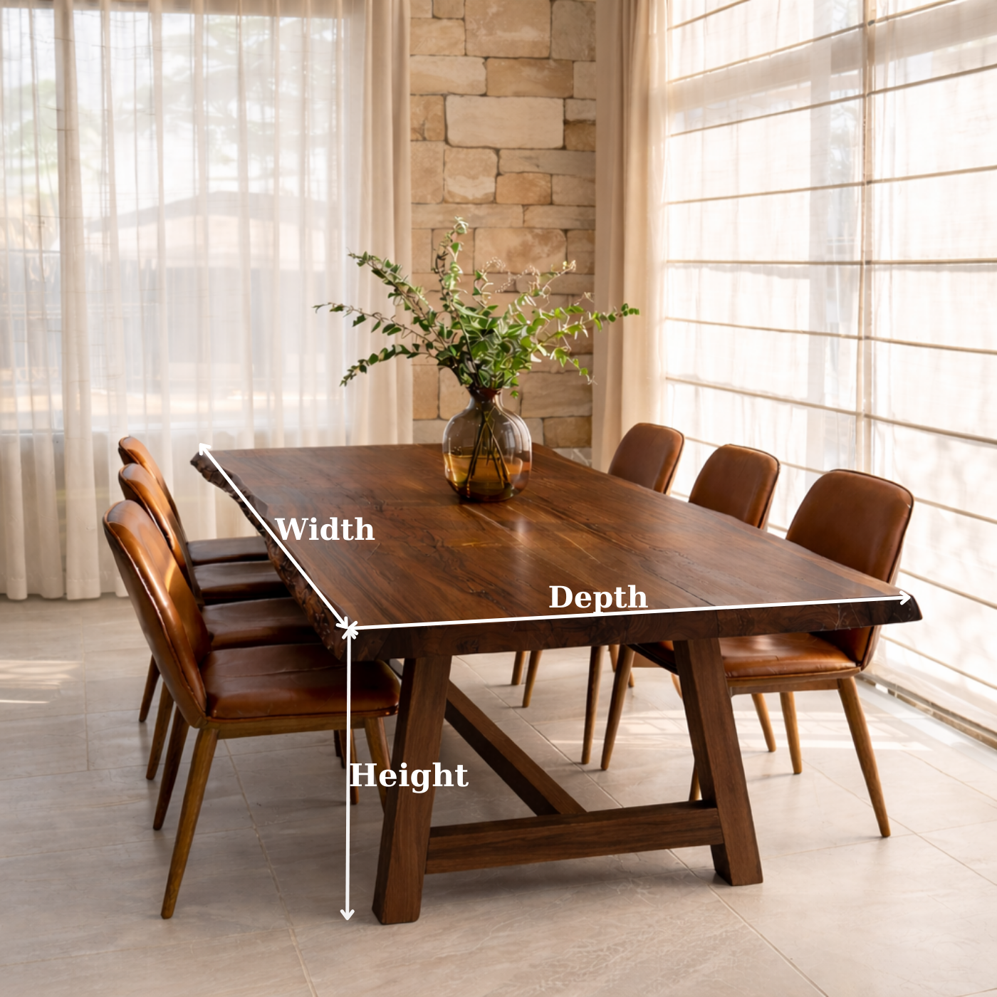 Live Edge Solid Wood Dining Table for Dining Room with Wooden Base