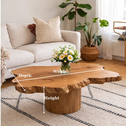 Live Edge Solid Wood Coffee Table for Living Room with Pedestal Base Kitchnce