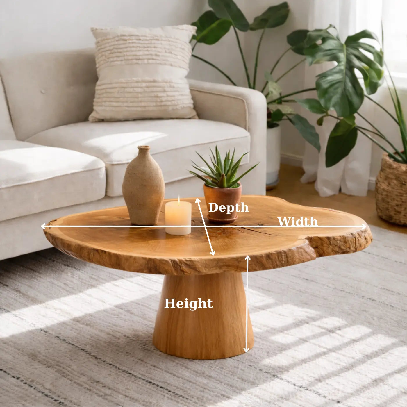 Live Edge Solid Wood Coffee Table for Living Room with Pedestal Base Kitchnce