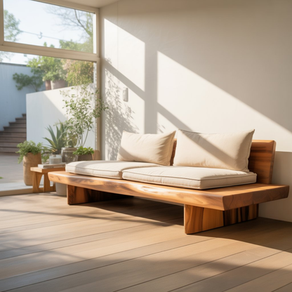 Handcrafted Solid Wood Sofa – Low Minimalist Design with Natural Live Edge and Linen Cushions Kitchnce