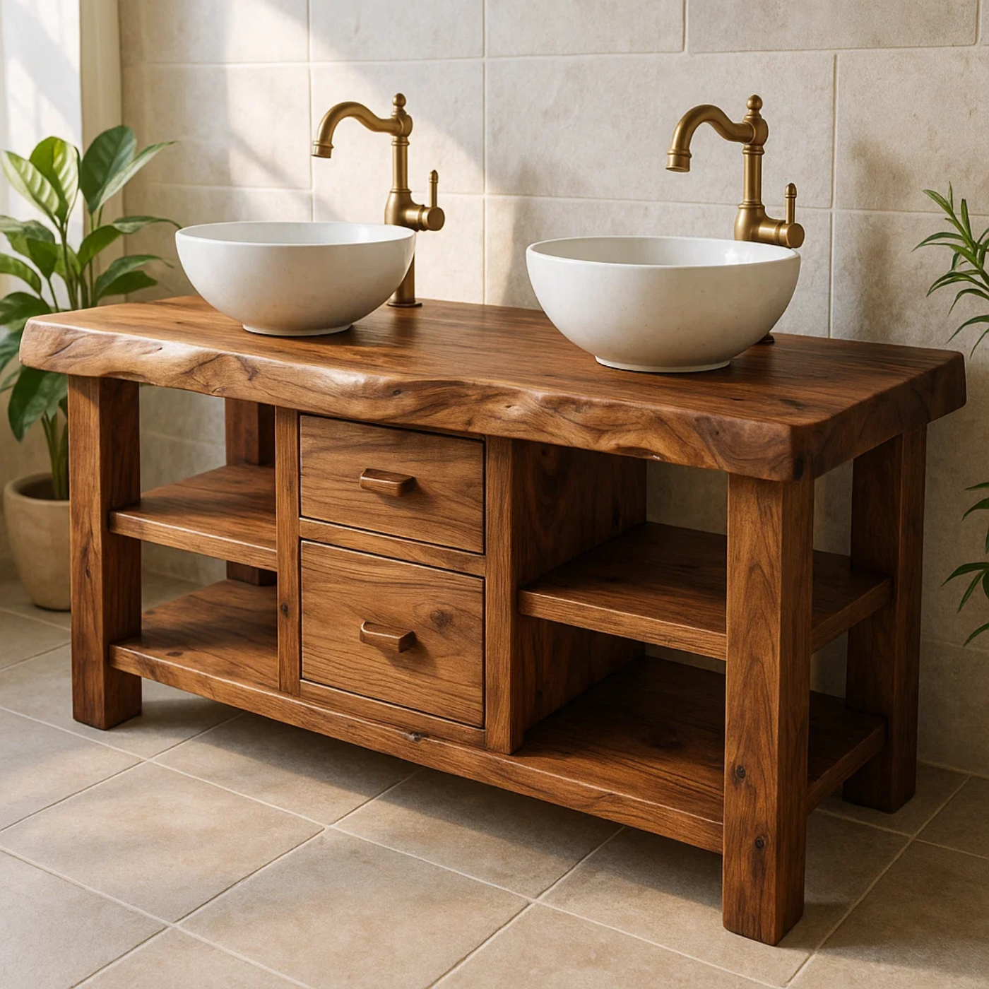 Handcrafted Solid Wood Floating Double Vanity - Live Edge Top, 2 Drawers & Open Shelves Kitchnce