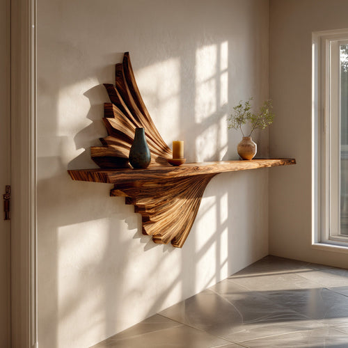 Layered Sculptural Floating Wall Shelf in Natural Wood