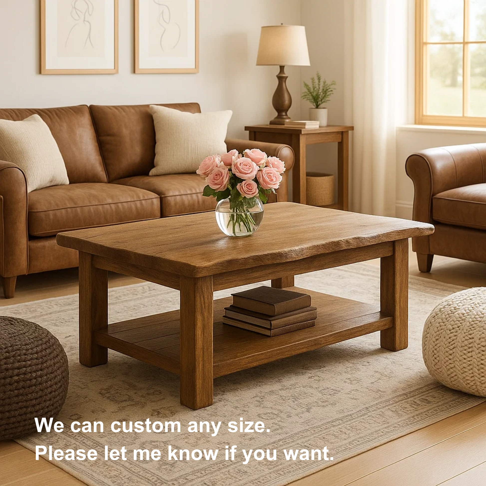 Handcrafted Solid Wood Coffee Table with Natural Live Edge – Rustic Farmhouse Center Table with Bottom Shelf for Cozy Living Rooms Kitchnce