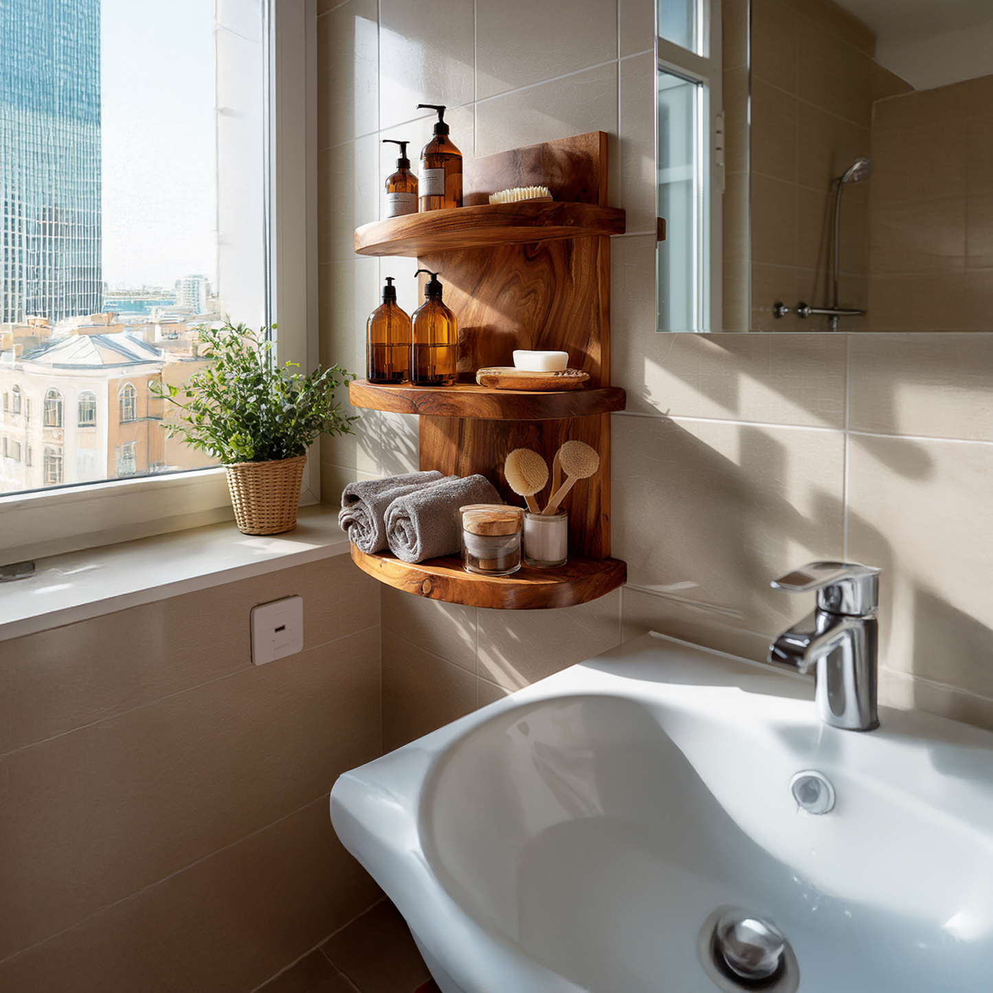 Sculptural Bathroom Shelf with Rounded Storage Compartments and Rail