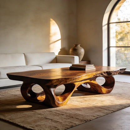 Sculptural Natural Wood Coffee Table with Organic Carved Base