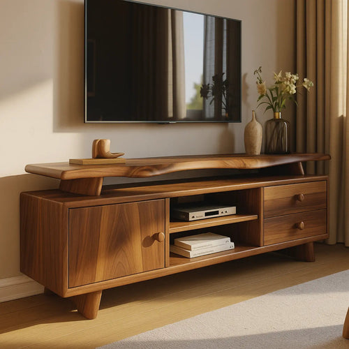 Handcrafted Solid Wood TV Stand - Sculptural Mid-Century Console with Curved Top Kitchnce