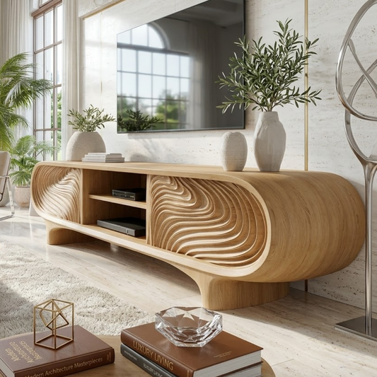 Sculptural Curved TV Console, Modern Carved Media Cabinet for Luxury Interiors