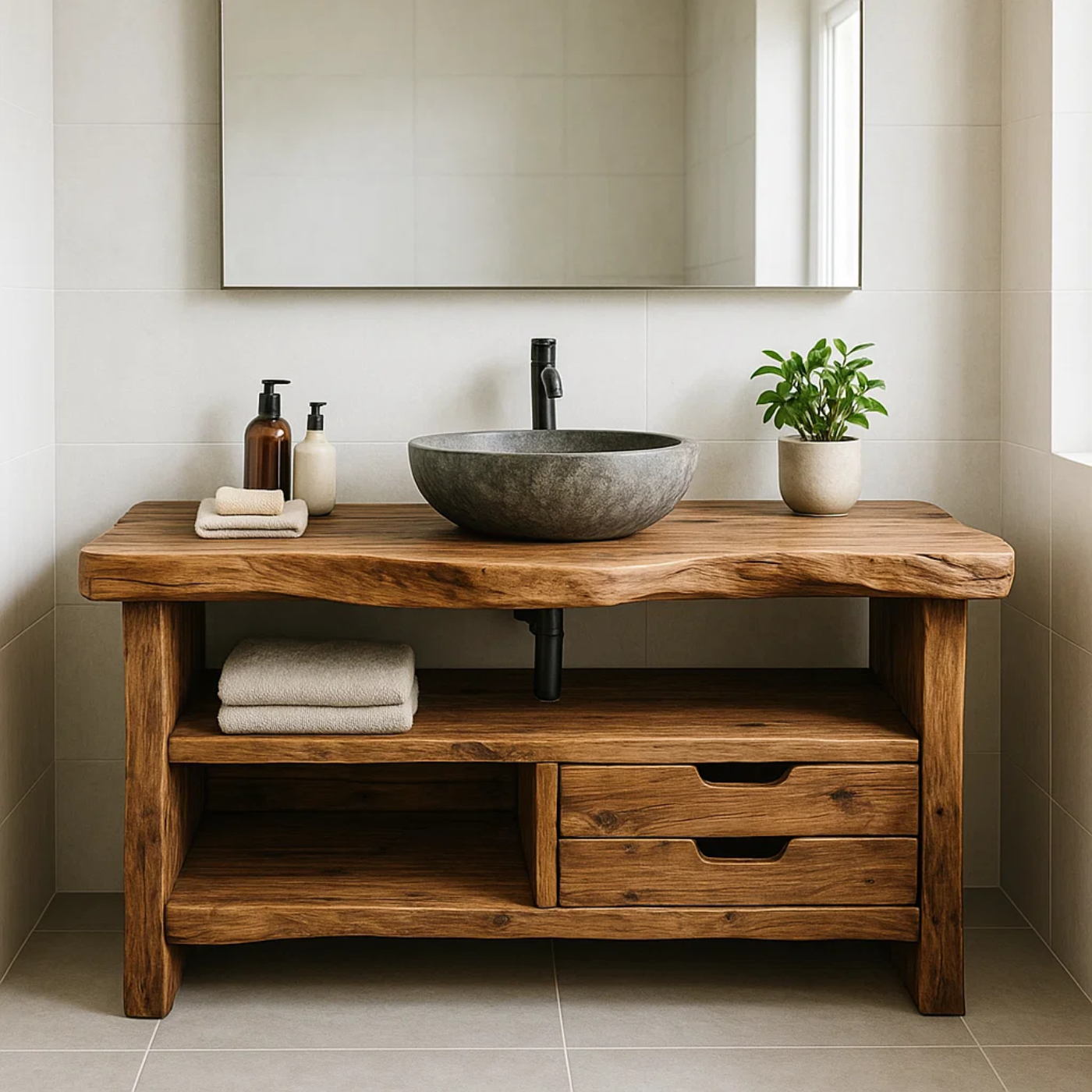 Handcrafted Solid Wood Bathroom Vanity, Rustic Live Edge Console with Storage Kitchnce