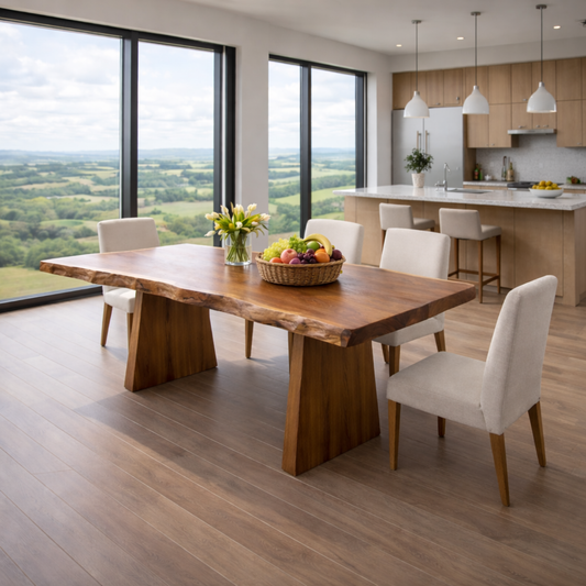 Contemporary Live Edge Solid Wood Dining Table with Architectural Base