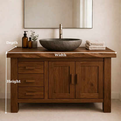 Rustic Solid Wood Bathroom Vanity Cabinet with Drawers and Double Door Storage