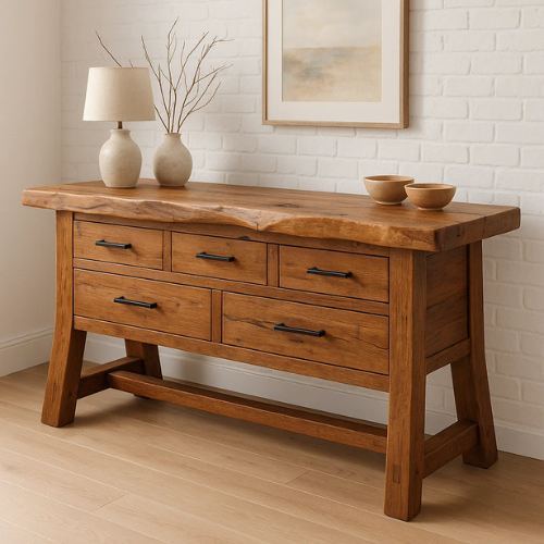 Handcrafted Solid Wood Rustic Console Table with Live Edge Top and Five Drawers Kitchnce