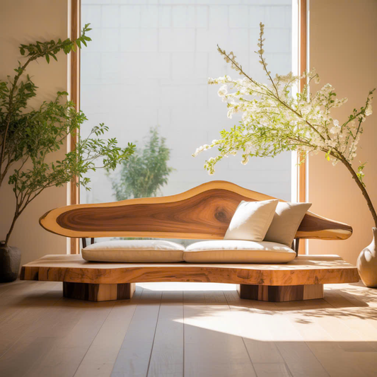 Handcrafted Solid Wood Sofa – Sculptural Live Edge Couch with Organic Form and Linen Cushions Kitchnce
