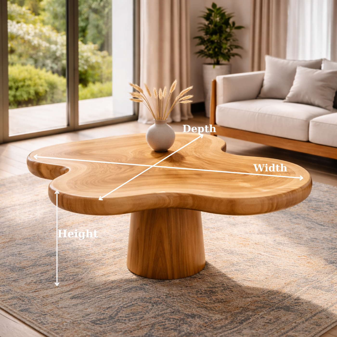 Organic Shape Solid Wood Coffee Table with Sculpted Pedestal Base