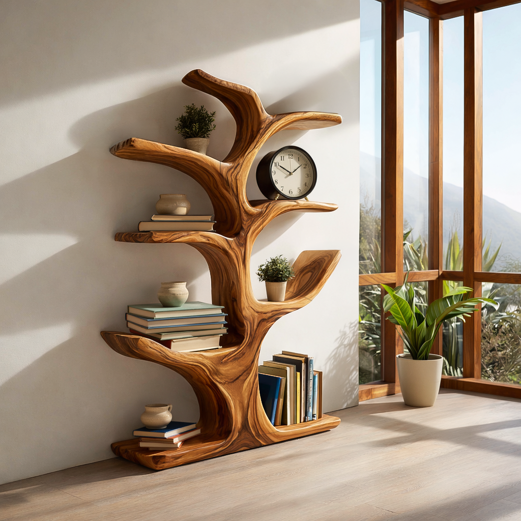 Modern Wood Bookshelf Sculptural Curved Design For Living Room Kitchnce