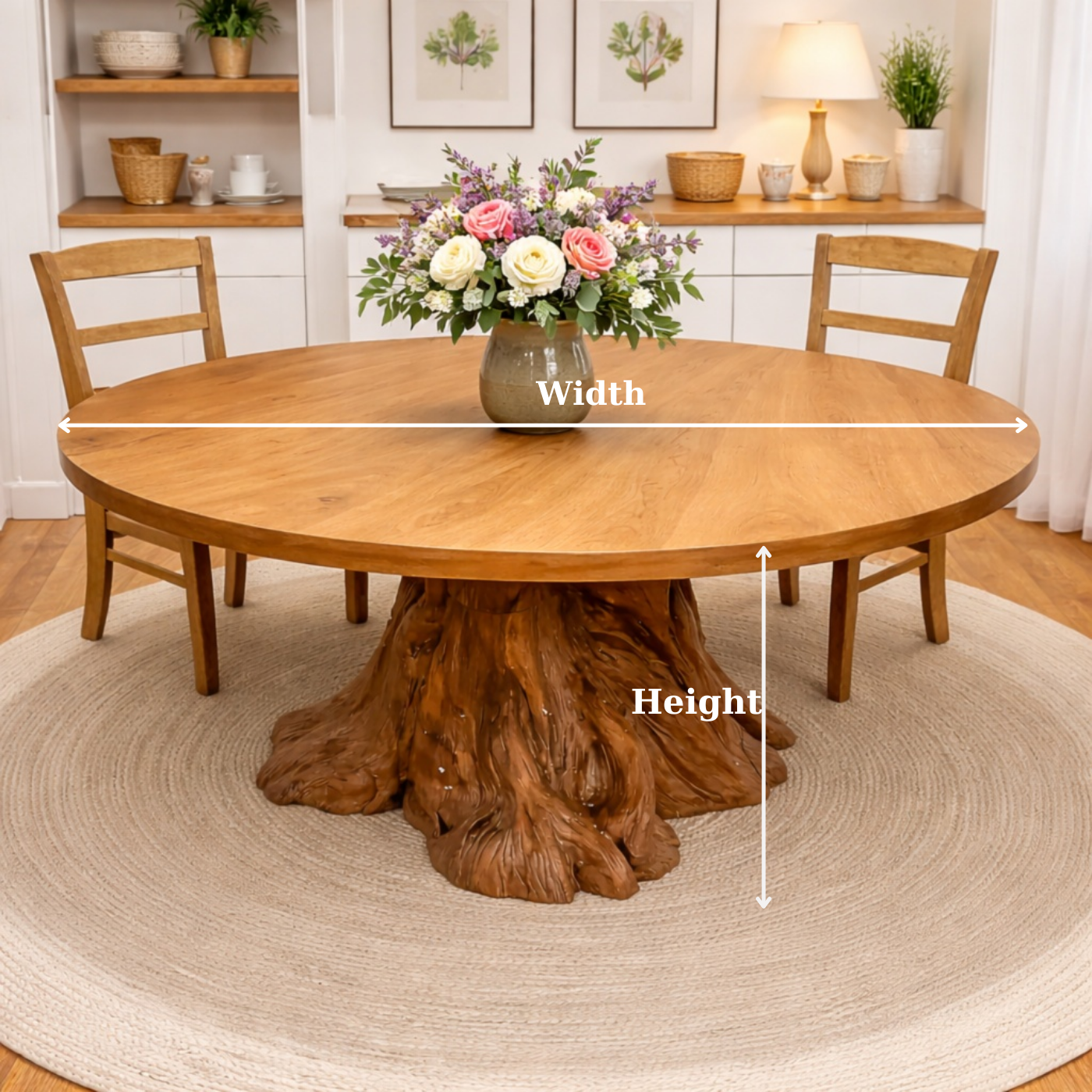Round Solid Wood Dining Table with Natural Tree Stump Pedestal Base