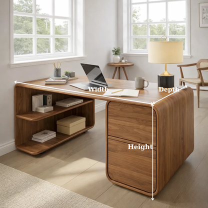 Modern L-Shaped Solid Wood Desk with Curved Silhouette and Integrated Storage