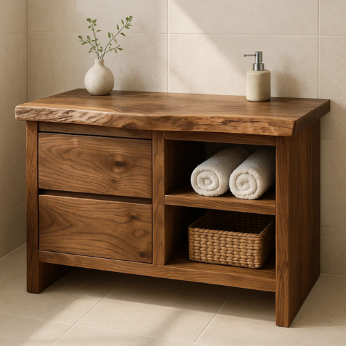 Handcrafted Solid Wood Bathroom Vanity - Rustic Drawers & Open Shelf Kitchnce