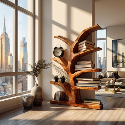 Wooden Bookshelf With Organic Form For Living Area Kitchnce