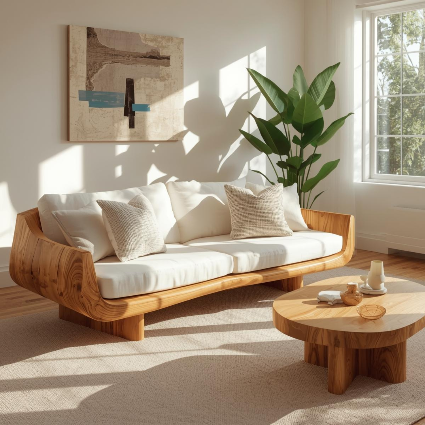 Handcrafted Solid Wood Sofa – Modern Curved Frame with Linen Cushions and Natural Finish Kitchnce