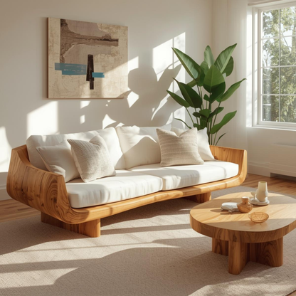 Handcrafted Solid Wood Sofa – Modern Curved Frame with Linen Cushions and Natural Finish Kitchnce