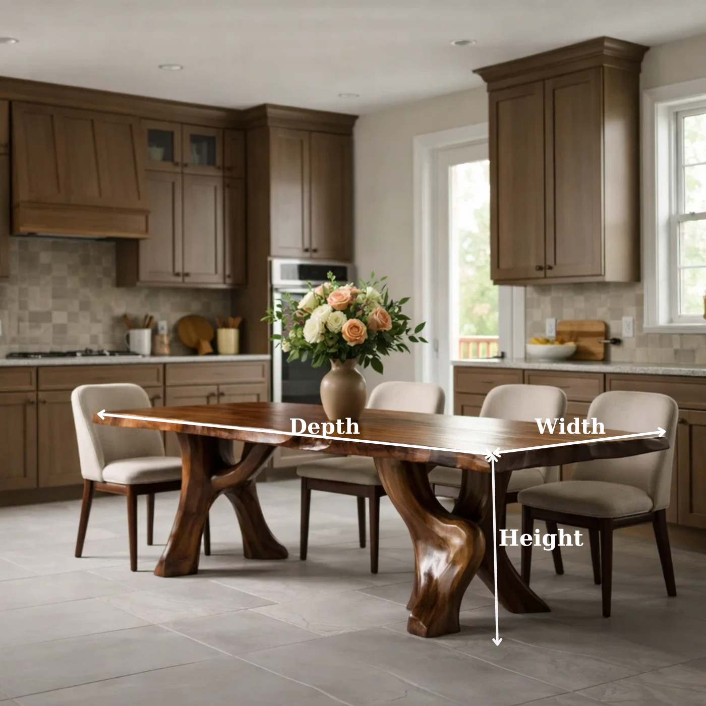 Solid Wood Live Edge Dining Table with Sculpted Organic Pedestal Legs