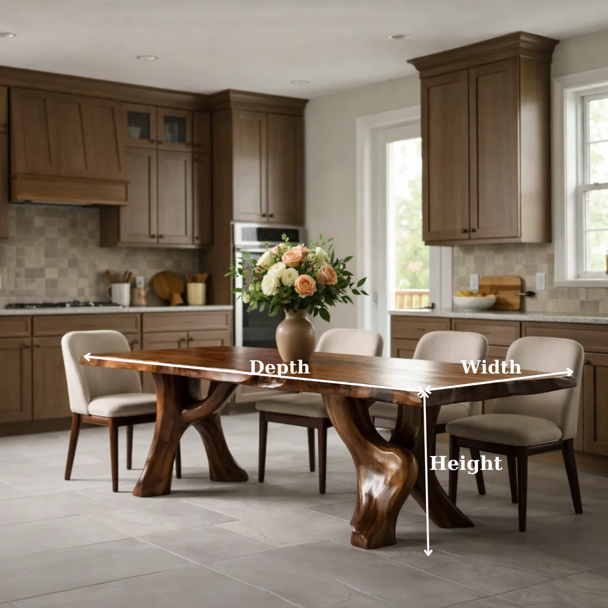 Solid Wood Live Edge Dining Table with Sculpted Organic Pedestal Legs