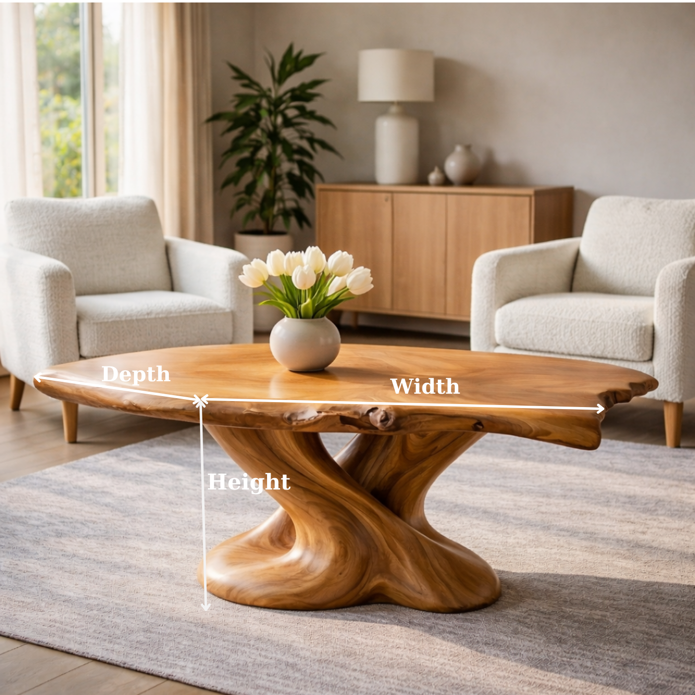 Solid Wood Live Edge Coffee Table with Sculptural Twisted Base