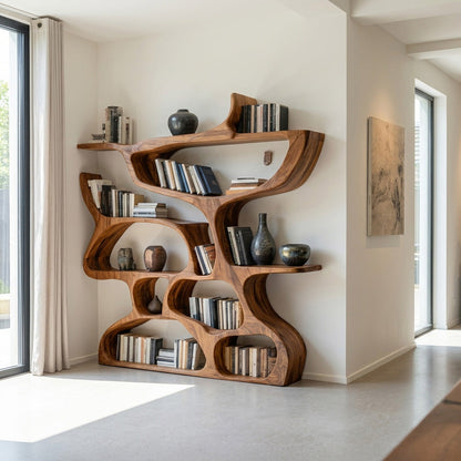 Modern Bookshelf With Organic Carved Design For Living Room Or Office Kitchnce