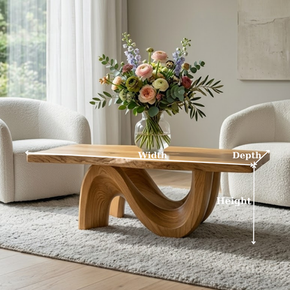 Solid Wood Coffee Table for Modern Living Room with Sculptural Curved Base
