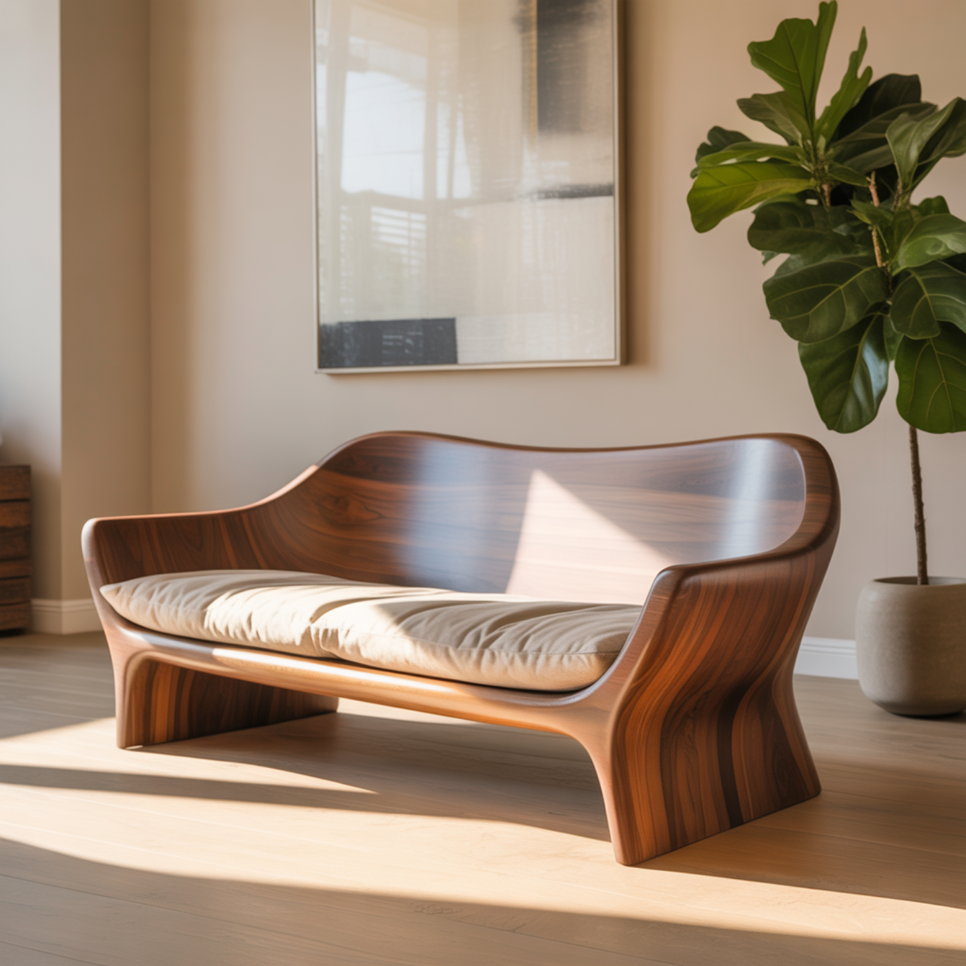 Handcrafted Solid Walnut Sofa – Sculptural Organic Wood Couch with Smooth Curves and Cushion Seat Kitchnce
