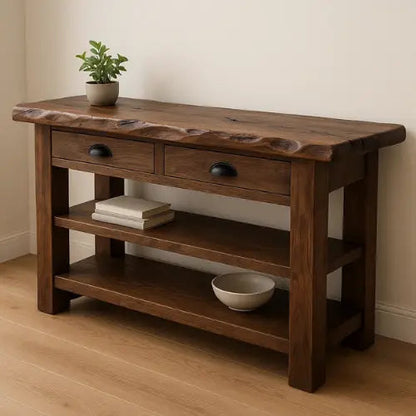 Handcrafted Solid Wood Live Edge Console Table – Walnut Finish with Drawers and Open Shelves Kitchnce