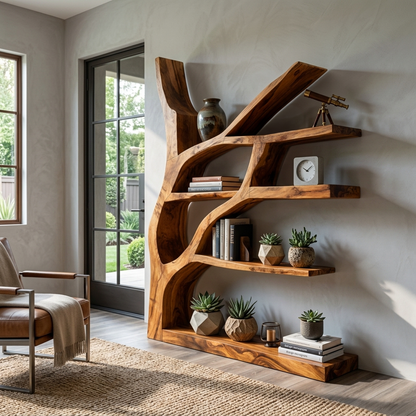 Contemporary Wooden Bookshelf Sculptural Shape For Living Room Kitchnce