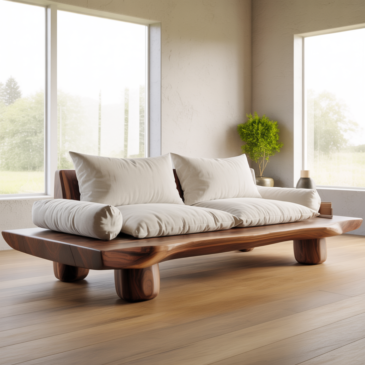 Handcrafted Solid Walnut Sofa – Low Organic Wood Couch with Linen Cushions and Rounded Legs Kitchnce