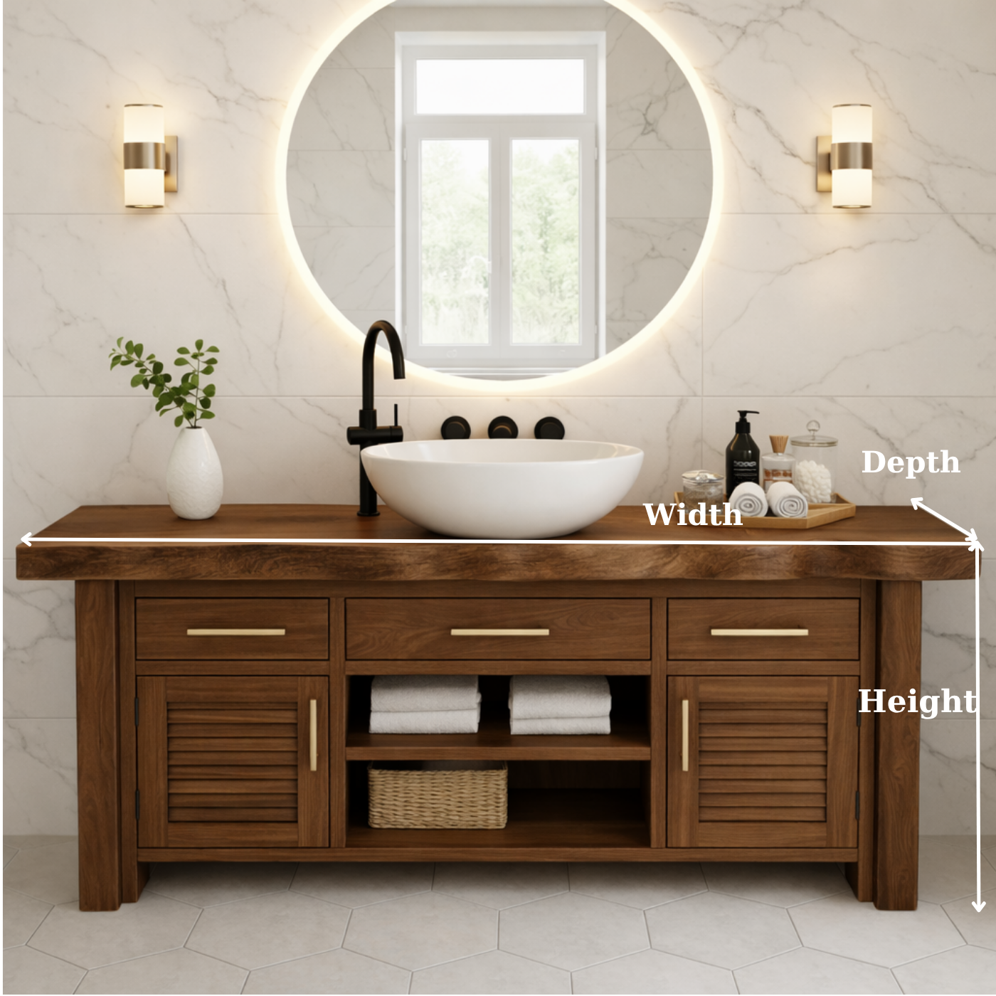 Solid Wood Bathroom Vanity for Modern Spaces with Louvered Doors and Open Shelf