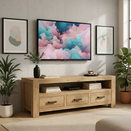 Handcrafted Solid Wood TV Stand - Chunky Rustic Media Console with 3 Drawers & Shelf Kitchnce
