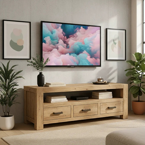 Handcrafted Solid Wood TV Stand - Chunky Rustic Media Console with 3 Drawers & Shelf Kitchnce