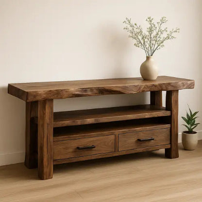 Handcrafted Solid Wood Live Edge Console Table – Rustic Walnut Design with Drawers and Open Shelf Kitchnce
