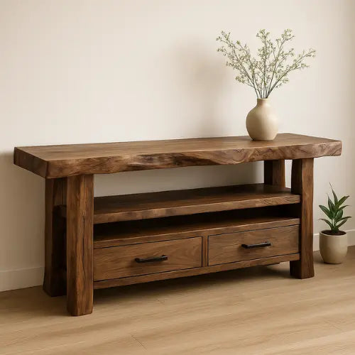 Handcrafted Solid Wood Live Edge Console Table – Rustic Walnut Design with Drawers and Open Shelf Kitchnce