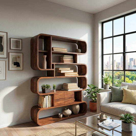 Statement Natural Wood Bookshelf With Rounded Form For Home Kitchnce