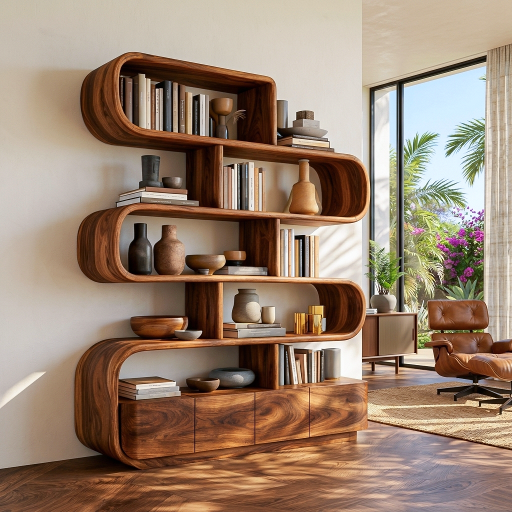 Organic Wooden Bookshelf With Flowing Form For Home Interior Kitchnce