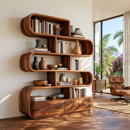 Organic Wooden Bookshelf With Flowing Form For Home Interior Kitchnce