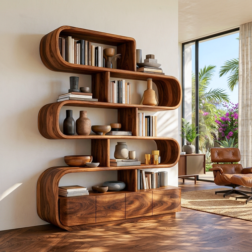 Organic Wooden Bookshelf With Flowing Form For Home Interior Kitchnce