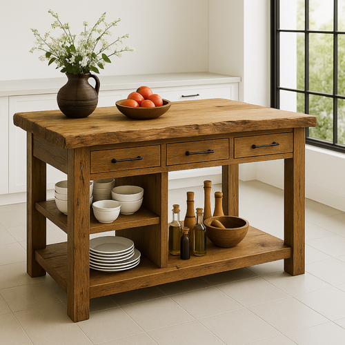 Handcrafted Solid Wood Kitchen Island - Live-Edge Top, 3 Drawers & Shelves Kitchnce